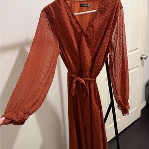 Textured Rust Orange Wrap Maxi Dress with Tie Waist